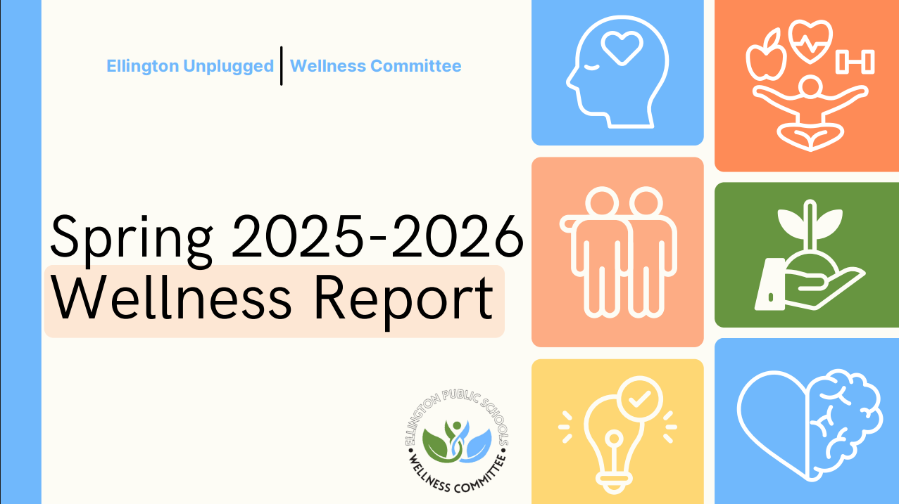 A title slide for the 'Spring 2025-2026 Wellness Report' features colorful panels with various wellness-related icons.